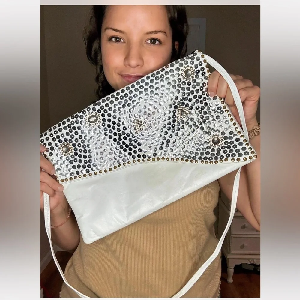 Studded vintage White and Silver Za-Zu white‎ leather Women's Bag